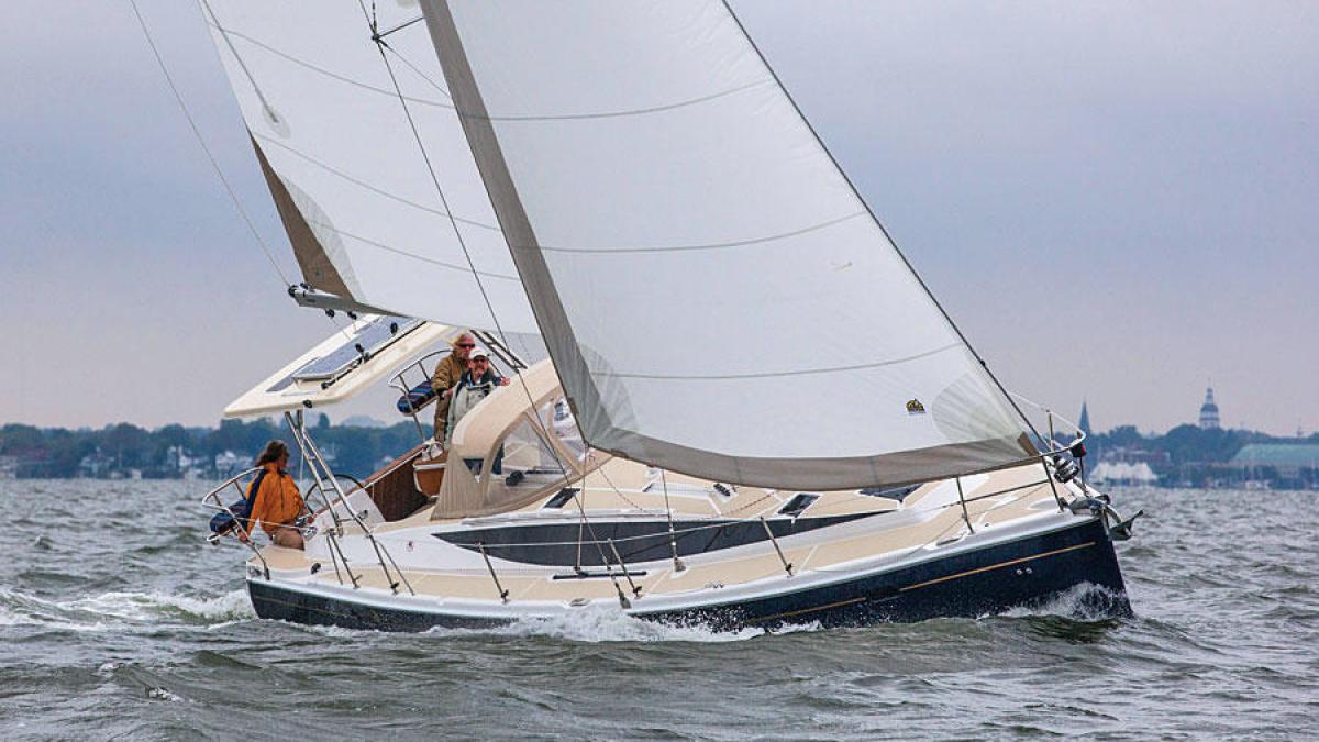 Large Sailboat on a Starboard Heel Heading Up Wind